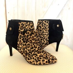 Cole Haan Black and Leopard Print Calf Hair Suede Ankle Booties 9.5